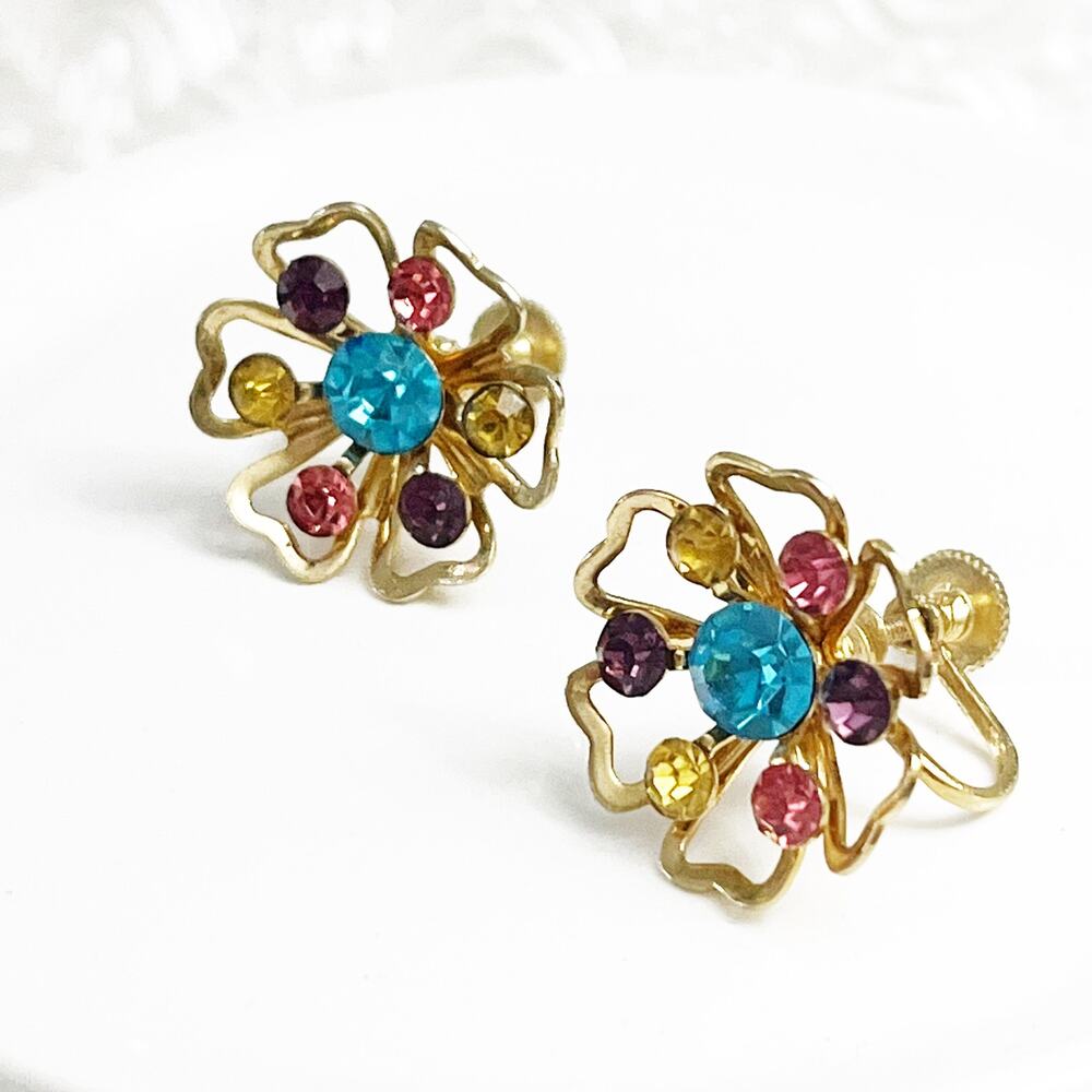 Vintage Coro Pastel Rhinestone Flower Screw Back Earrings